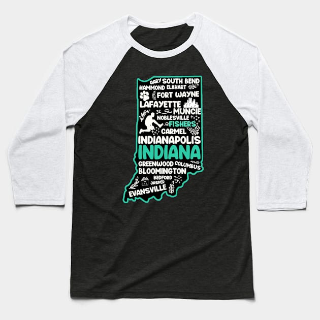 Fishers Indiana cute map Evansville, Carmel, Bloomington, Hammond, Gary, Lafayette Baseball T-Shirt by BoogieCreates